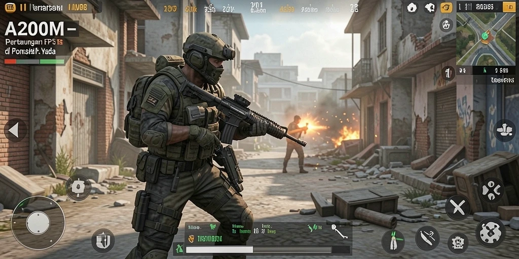 Screenshot A200M menunjukkan pertarungan intens dalam mode FPS.