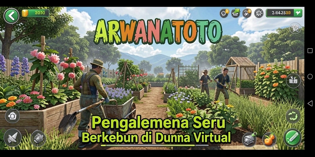Tangkapan layar gameplay ARWANATOTO menampilkan aktivitas berkebun yang seru.