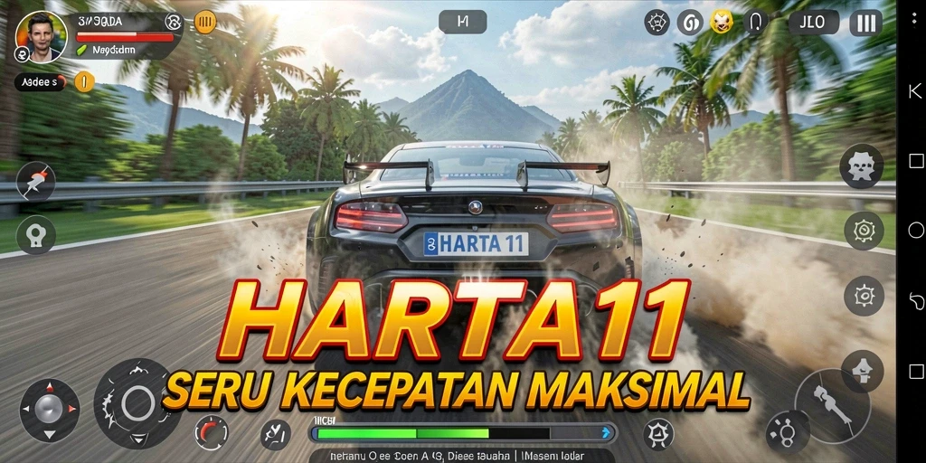 Tampilan utama HARTA11 menampilkan aksi balapan yang mendebarkan dan mobil yang keren.