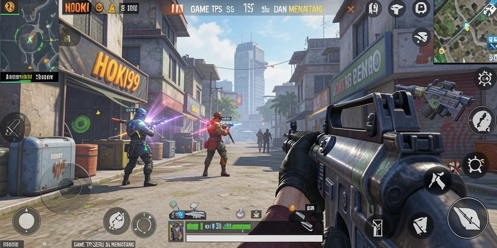 Screenshot gameplay HOKI99 menampilkan aksi seru dalam pertempuran TPS.