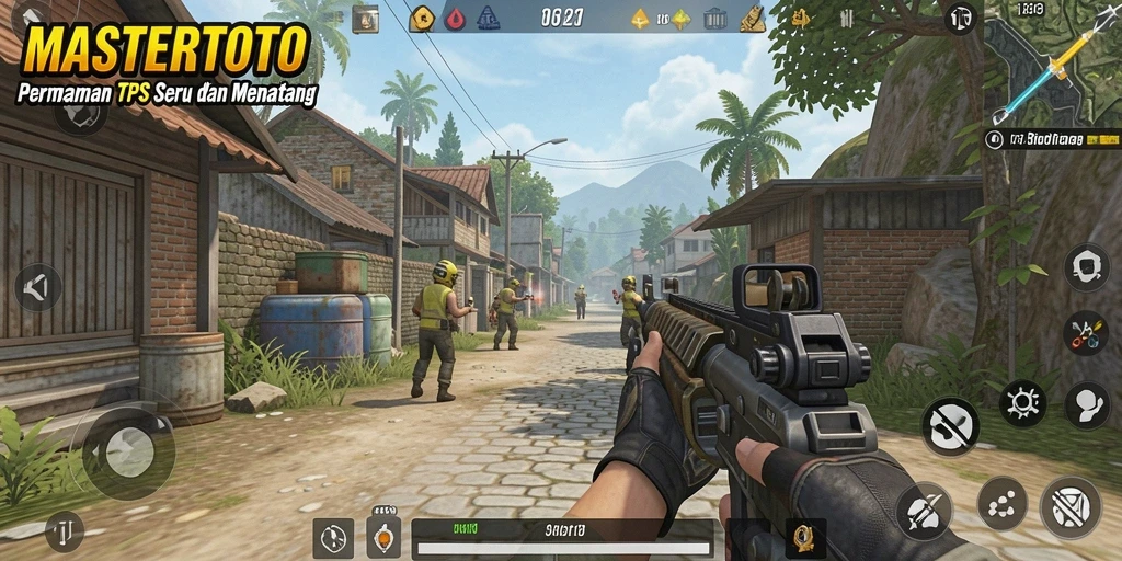 Screenshot utama MASTERTOTO menunjukkan aksi menegangkan dalam pertempuran TPS.