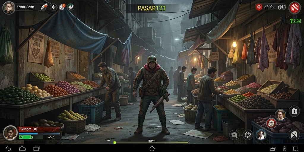 Menampilkan gameplay PASAR123 yang mencekam di dalam pasar yang kelam.