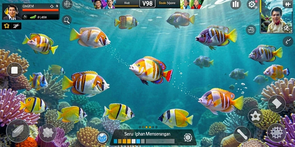 Tampilan gameplay V98 saat berburu ikan yang menegangkan.