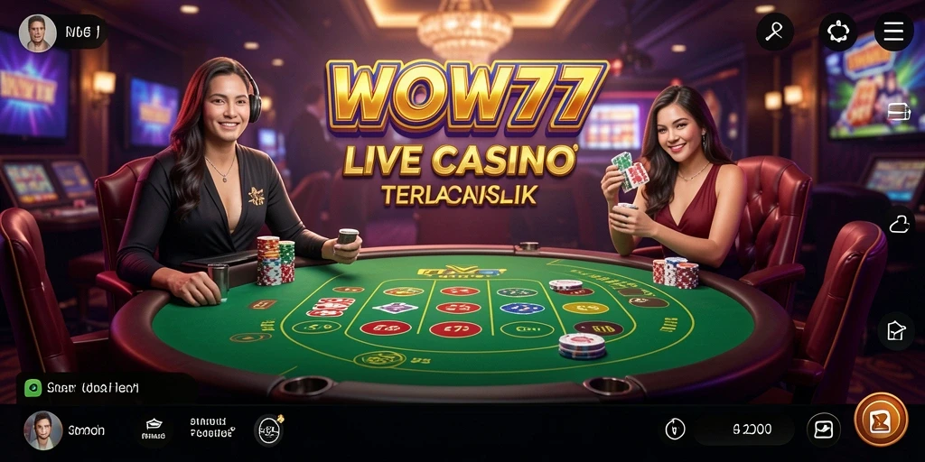 Tangkapan layar menunjukkan dealer profesional di meja permainan Live Casino WOW77.